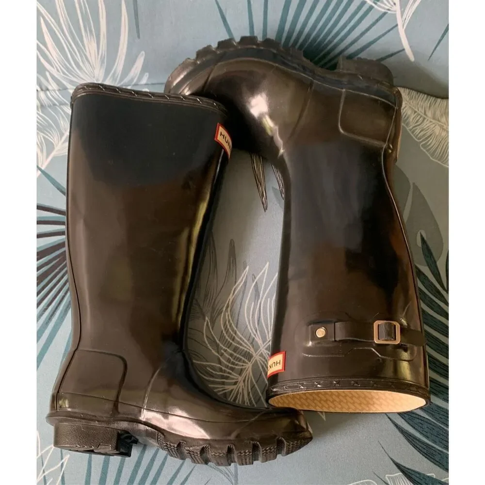 Hunter original kids Gloss Tall Black Rubber Rain Boots F 5 M 4